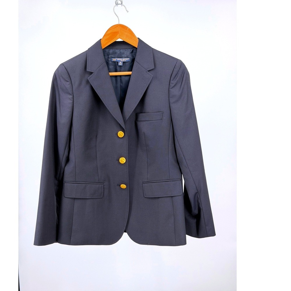 Brooks Brothers 346 Milano Blazer Women 8P Navy Wool Gold Button Petite